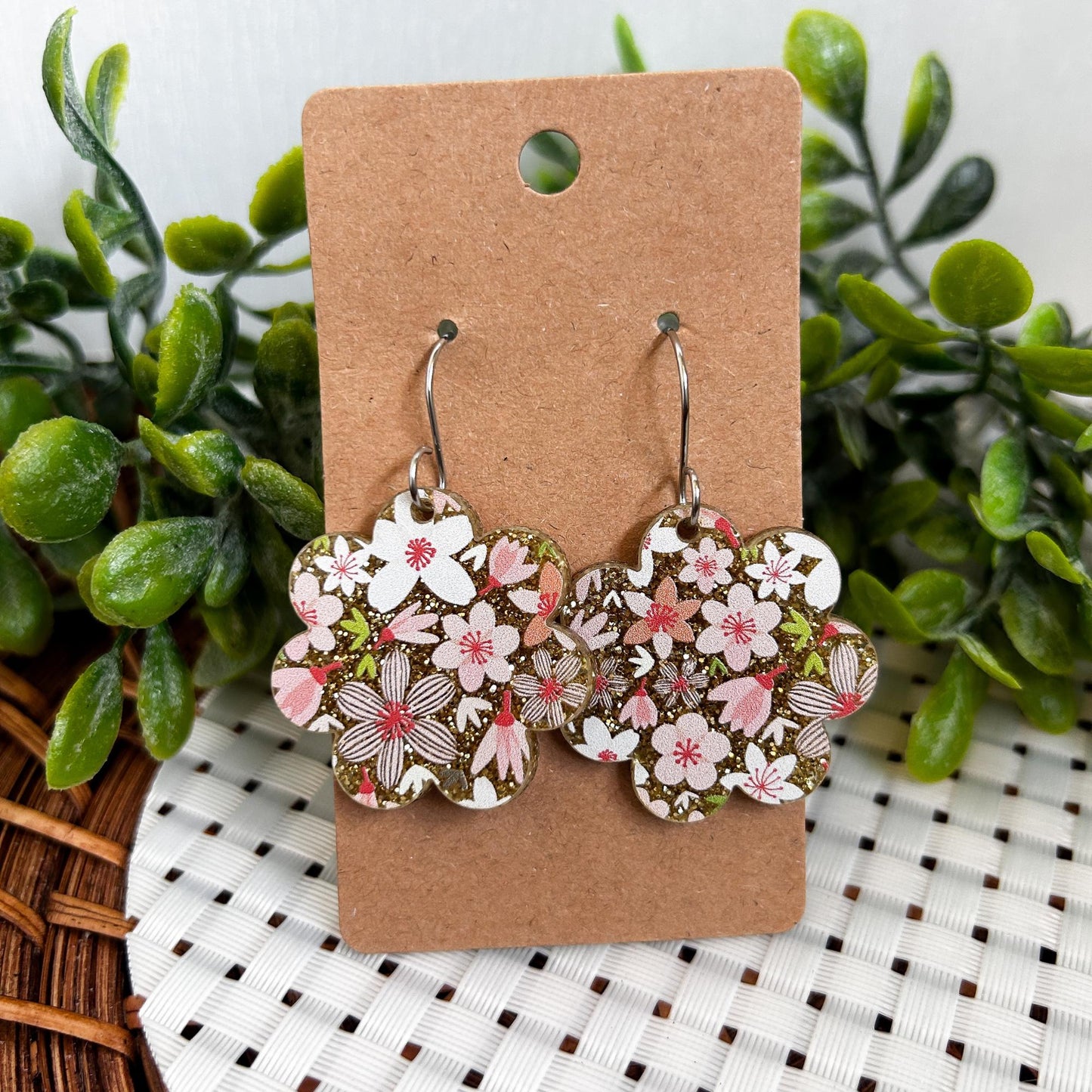 flower earrings, acrylic earrings, floral gold and pink earrings