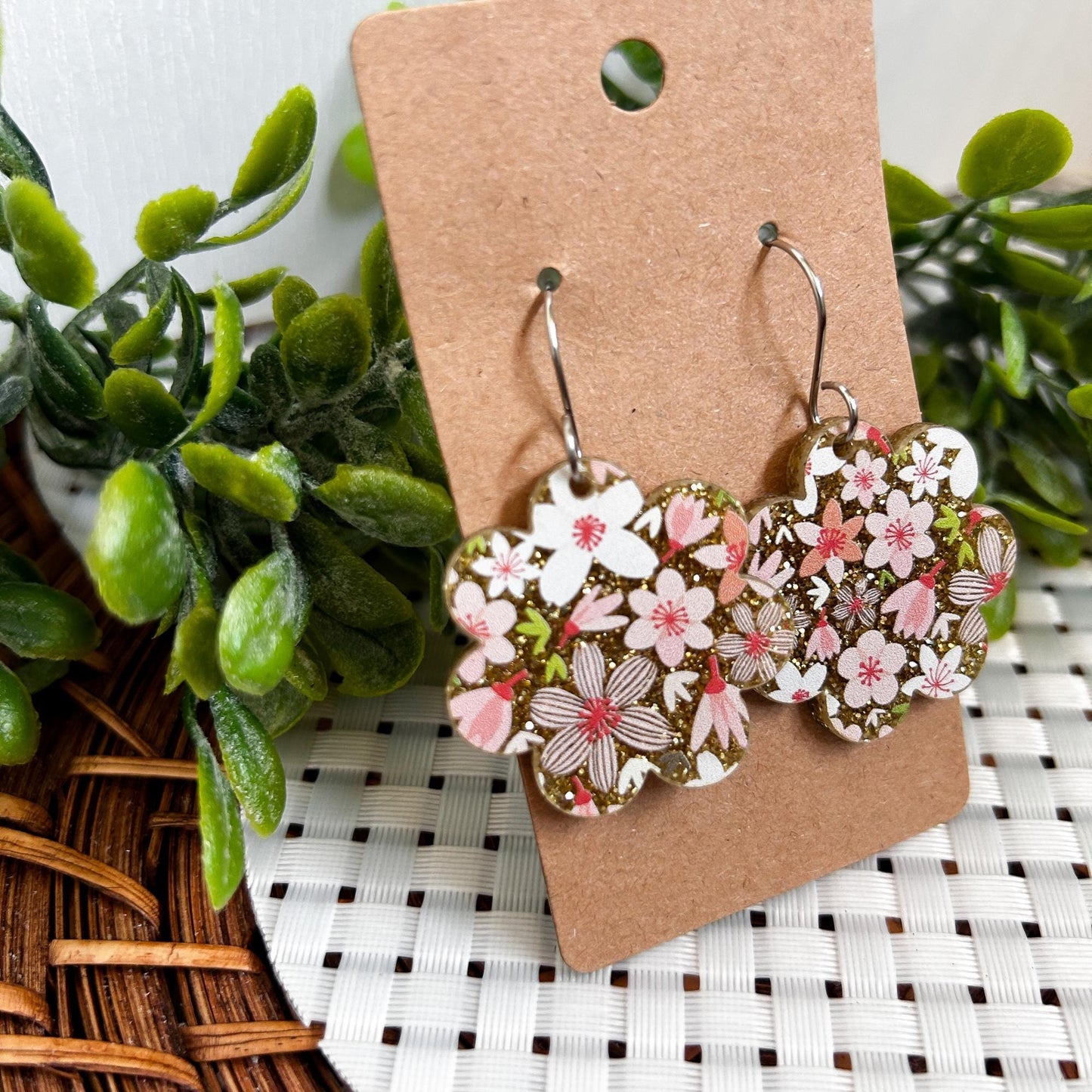 flower earrings, acrylic earrings, floral gold and pink earrings