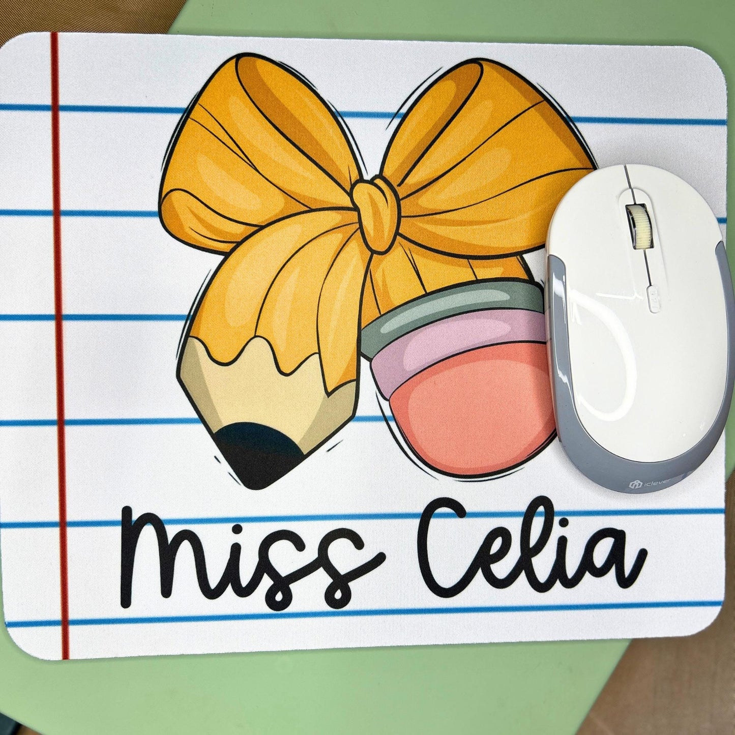 Teacher Mouse Pad, Bow Computer Accessory, Croquette Bows, Pink Computer Accessory, Custom Mouse Pad, Desk Top Mouse, Personalized Mouse Pad