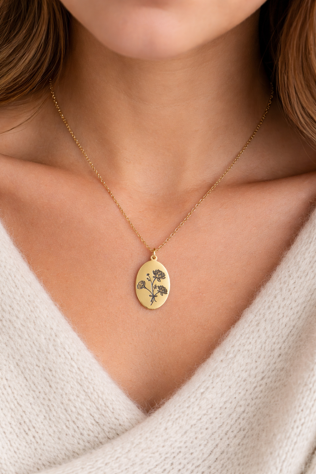 Birth Flower Bouquet Oval necklace