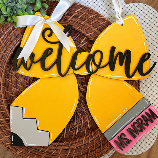 Pencil Door Hanger, Pencil Bow, Teacher Door Sign, Welcome sign, Pencil decor, Teacher gift