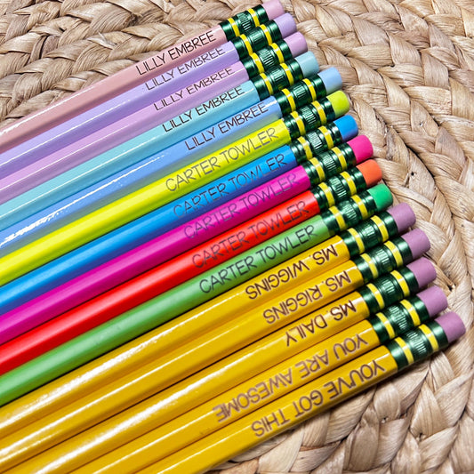 Engraved Pencils, Pastel Pencils, Neon Pencils, #2 pencils, tico pencils, presharpened pencils, personalized pencils