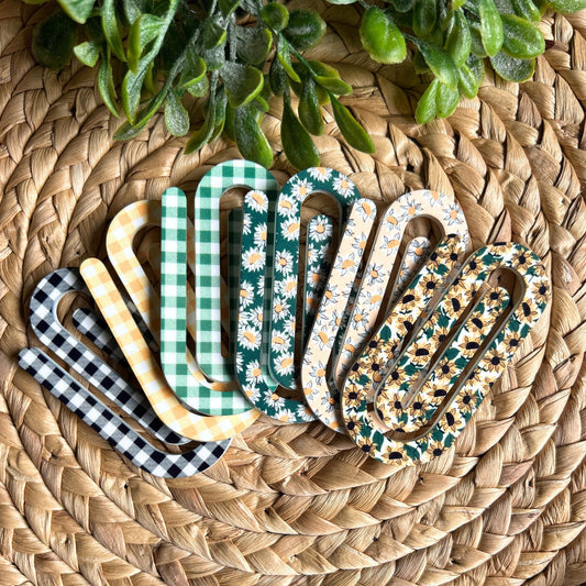 Jumbo Acrylic Paper clips, Vintage Pattern, Floral Paperclips, Back to School, Teacher Gifts, Office Supplies, bookmark, sunflower
