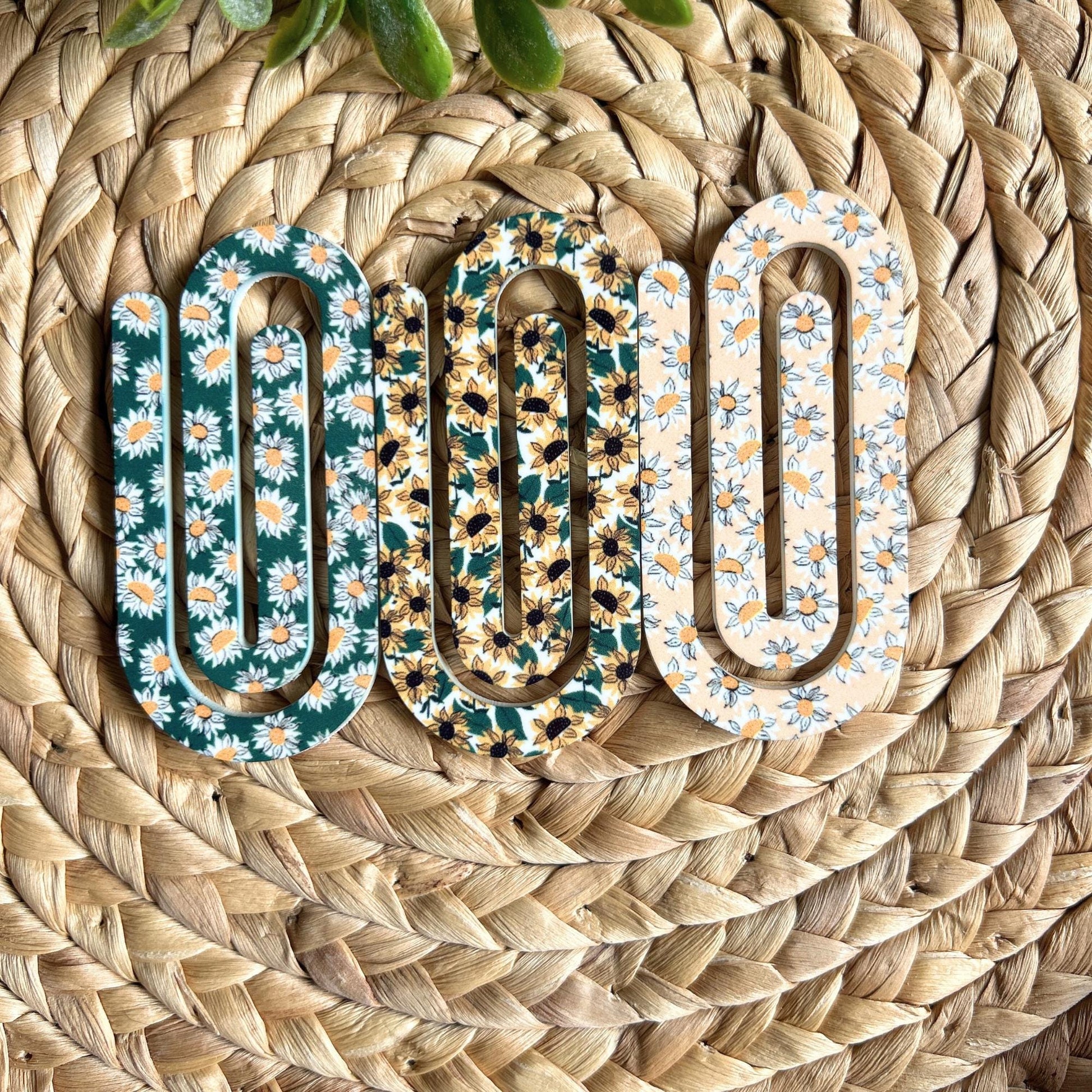 Jumbo Acrylic Paper clips, Vintage Pattern, Floral Paperclips, Back to School, Teacher Gifts, Office Supplies, bookmark, sunflower